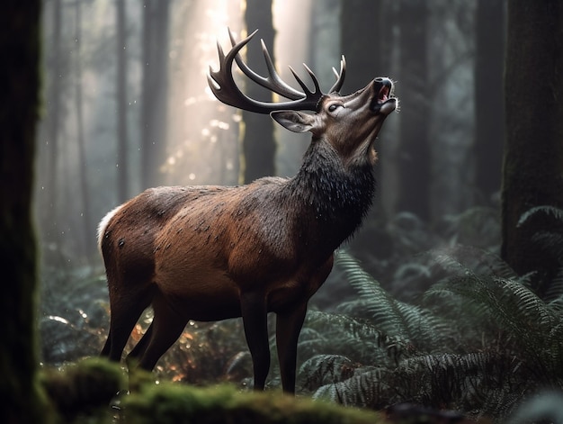 Ein Hirsch in einem Wald, auf dessen Geweih die Sonne scheint.