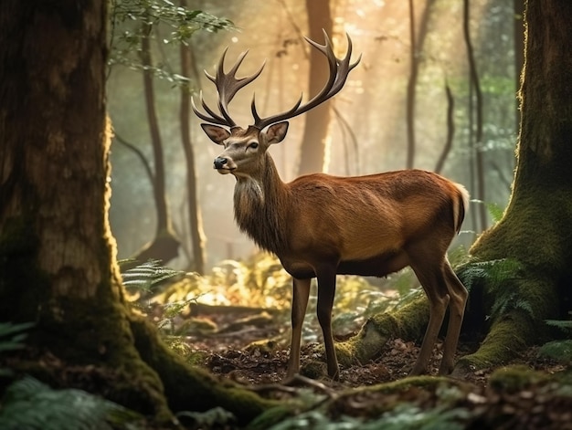 Ein Hirsch in einem Wald mit dem Wort Hirsch auf der Vorderseite