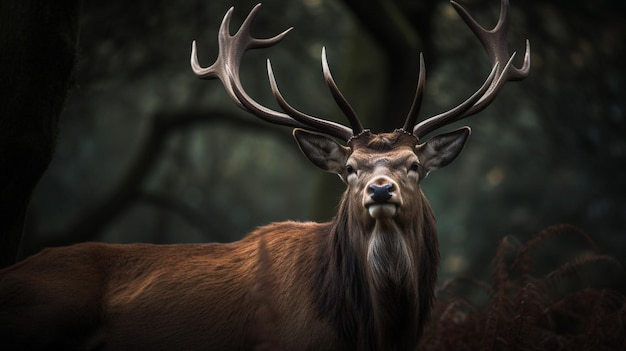 Ein Hirsch mit großen Hörnern steht in einem Wald.