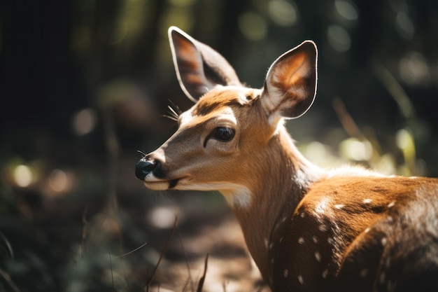 Ein Hirsch mit schwarzer Nase und weißem Schwanz ist im Wald.