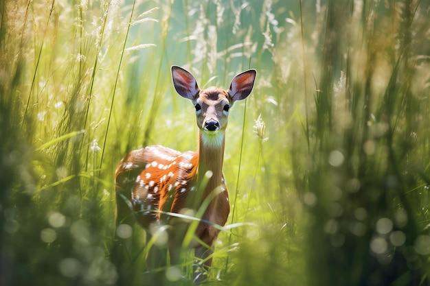 Ein Hirsch steht im hohen Gras. Die Sonne schien auf den Dschungel. KI-generiertes Bild