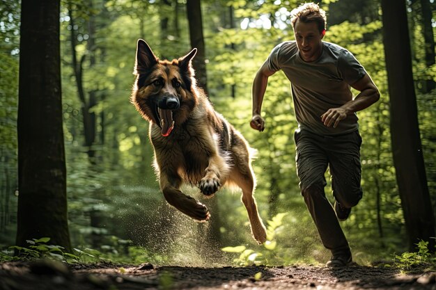 Ein Hirtenhund rennt mit seinem Lehrer durch den Wald