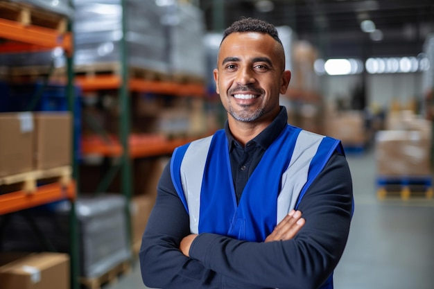 Ein hispanischer männlicher Fabrikarbeiter mit Armen überquerte die industrielle Baubranche