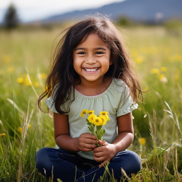 ein hispanisches Mädchen sitzt auf einem grünen Feld und hält eine einzelne gelbe Blume und lächelt