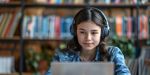 Ein hispanisches Teenager mit Kopfhörern besucht einen virtuellen Unterricht oder ein Webinar auf ihrem Laptop