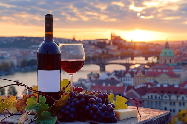 Ein historischer Sonnenuntergang in der Stadt mit Wein und Käse