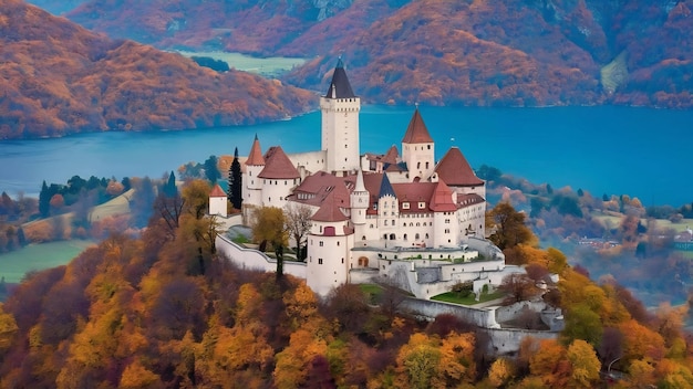 Ein historisches Schloss auf dem Gipfel eines mit bunten Blättern bedeckten Hügels in Bled, Slowenien