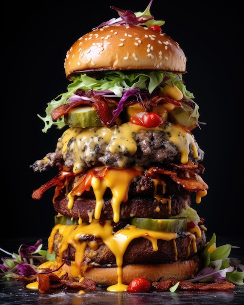 Foto ein hoch aufragender hamburger mit mehreren schichten