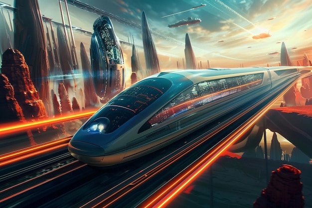 Ein Hochgeschwindigkeits-Maglev-Zug fährt durch eine scifi-generative ai