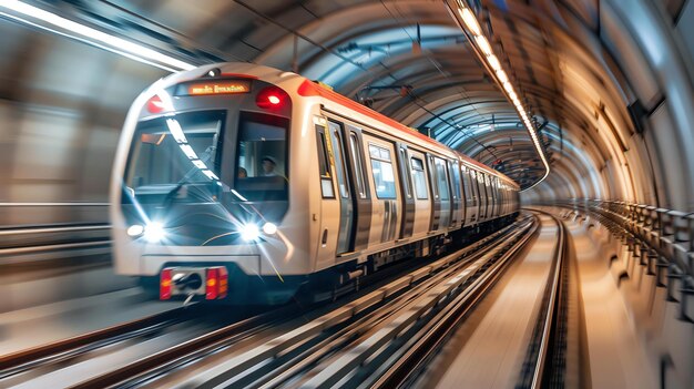 Ein Hochgeschwindigkeitszug fährt durch einen Tunnel. Der Zug ist verschwommen und zeigt seine Geschwindigkeit.