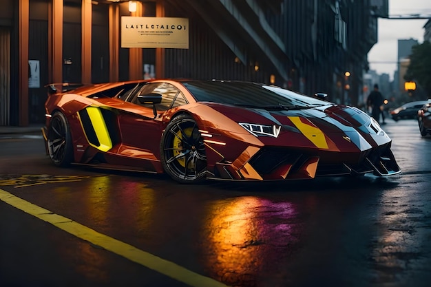 Ein hochglänzender Reality-Supersportwagen Lamborghini Aventador rendert durch KI generierte Bilder