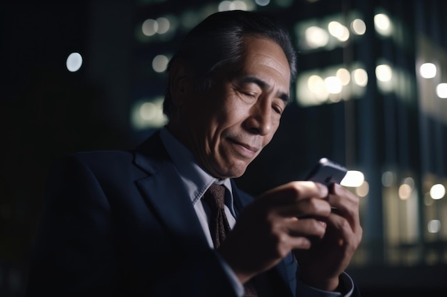 Ein hochrangiger mexikanischer hispanischer Geschäftsmann, der ein Mobiltelefon nutzt, mit dem Hintergrund moderner Bürogebäude bei Nacht. Generative KI AIG18