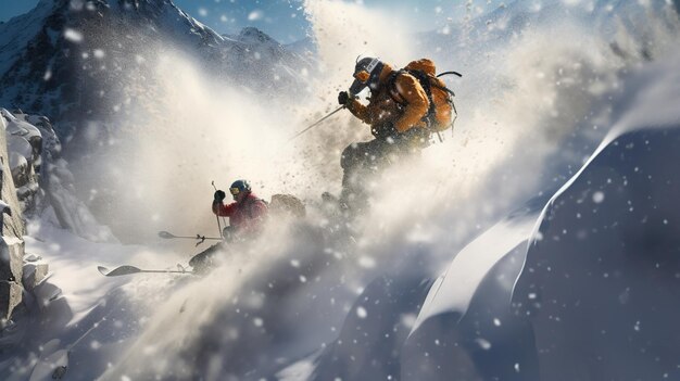 Ein hochrealistisches und eindringliches Foto von Skifahrern, die auf einem majestätischen Berg durch frisches Pulver schnitzen