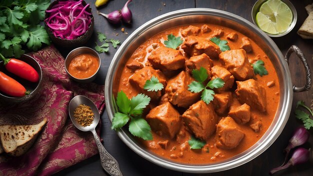 Ein hochwertiges Foto zeigt die Essenz von Chicken Tikka Masala und zeigt seine aromatische Blendung