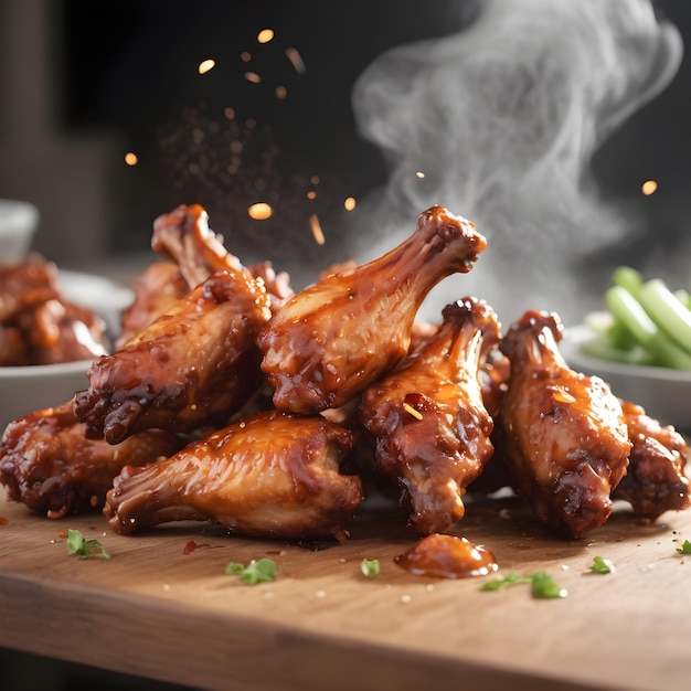 ein hochwichtiges Foto von köstlichen Hühner-BbQ-Flügeln auf einem Tisch
