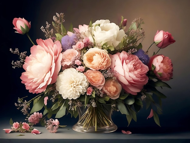 Ein Hochzeitsbouquet steht auf dem Tisch im Hintergrund verschiedener Arten für Brautbouquets