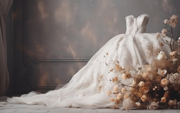 Ein Hochzeitskleid mit einem Blumenstrauß auf der linken Seite
