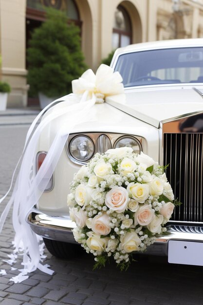 Foto ein hochzeitswagen mit einem blumenstrauß an der vorderseite