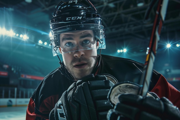 Foto ein hockeyspieler in einem trikot schaut mit einem hockeystock auf dem eis