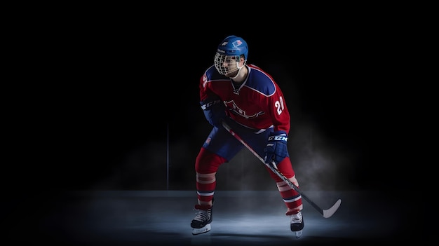 Foto ein hockeyspieler in einer rot-blauen uniform mit der nummer 23 auf der vorderseite.