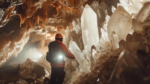 Foto ein höhlenforscher erkundet eine glitzernde höhle voller wunderschöner kristalle