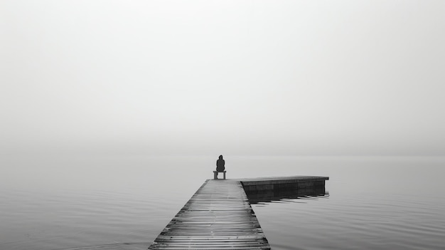 Ein hölzerner Dock, der in einen noch nebligen See ragt, eine einsame Figur sitzt auf einer Bank am Ende des Docks mit dem Kopf in den Händen