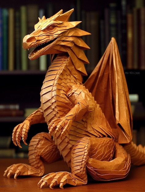 Ein hölzerner Drache sitzt auf einem Tisch vor einem Bücherregal.