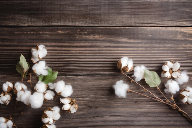 Ein hölzerner Hintergrund mit Baumwollblumen und einem grünen Blatt