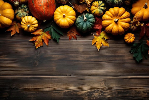 Ein hölzerner Hintergrund mit einigen Herbstblättern und Kürbissen im hellgelben Stil