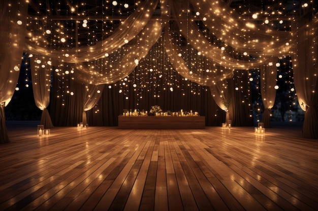Ein hölzerner Hochzeitsboden mit funkelnden Lichtern und verschwommenem Hintergrund für Veranstaltungen und Festivalfeiern