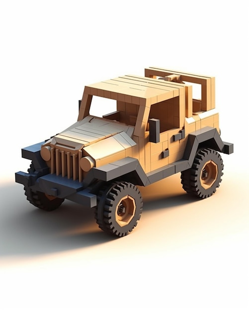Ein hölzerner Jeep mit einem Design auf der Vorder- und Rückseite.