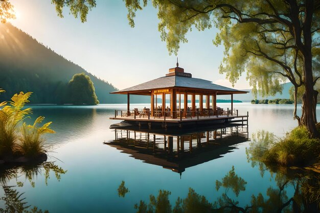 Ein hölzerner Pavillon am See mit einer Spiegelung des Sees im Wasser.