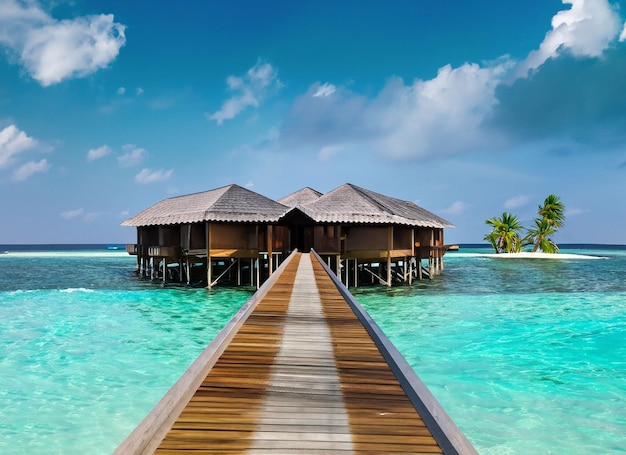 Ein hölzerner Pier mit einem Haus darauf und dem Meer im Hintergrund