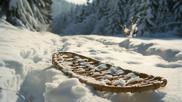 Foto ein hölzerner schneeschuh liegt im schnee, der schnee ist unberührt und unberührt, und die sonne scheint hell.