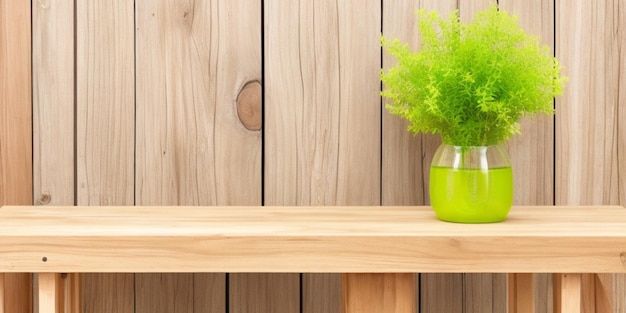 Ein hölzerner Schreibtisch, der mit einer Vase mit üppigen grünen Pflanzen geschmückt ist