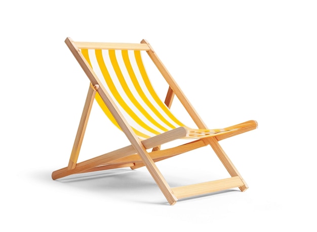 Ein hölzerner Strandstuhl mit gelben und weißen Streifen auf einem weißen Hintergrund