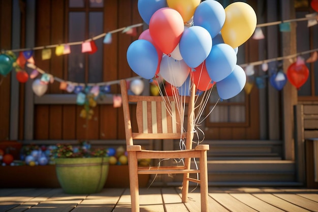 ein hölzerner Stuhl mit Ballons darauf, auf dem "Glücklicher Geburtstag" steht.