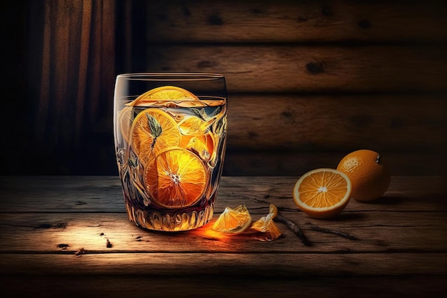 Ein hölzerner Tisch mit einem Glas Orangensaft und einer Orangenstücke darin