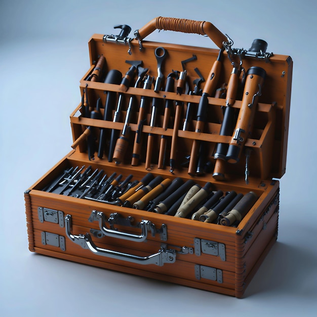 Ein hölzerner Werkzeugkasten mit einem Griff, auf dem in der Mitte „Hämmer“ steht.