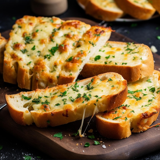 Ein hölzernes Schneidebrett mit Brotscheiben mit geschmolzenem Käse darauf.