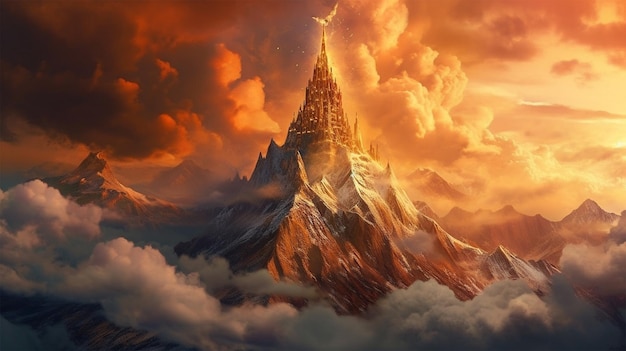 Ein hoher mythischer Turmberg mit einer Wolkenbasis darunter während der goldenen Stunden. Generative Ai