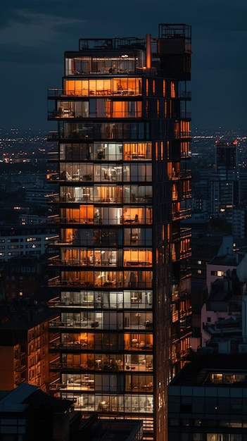 Ein hohes Gebäude mit angestrahlten Lichtern