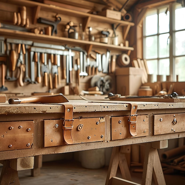 Ein Holzarbeitsplatz mit Holzgriffen und Schubladen