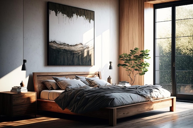 Ein Holzbett in einem modernen Zimmer