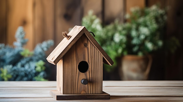 Ein Holzbirdhaus wird auf einem Holztisch platziert