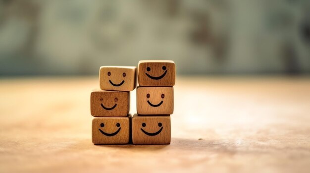 Foto ein holzblock-etikett mit fröhlichem lächeln, entspanntem gesicht, gutem feedback, welttag der psychischen gesundheit