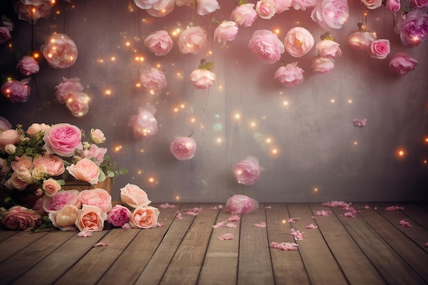 Ein Holzboden mit einer Schachtel Blumen und einer Schachtel mit einer rosa Blume darauf.