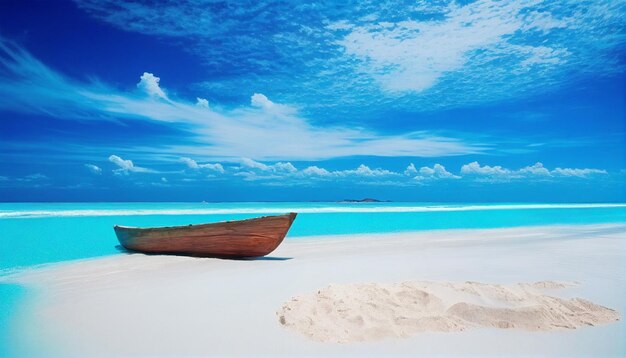 Ein Holzboot liegt auf dem weißen Sand eines paradiesischen Strandes