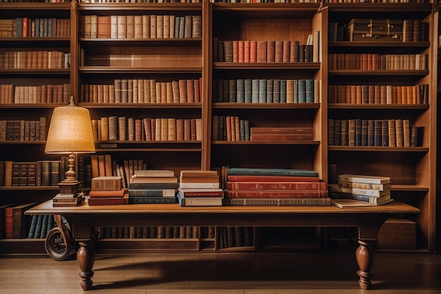 Ein Holzbrett, das von alten Büchern in einer Bibliothek umgeben ist