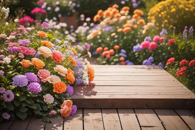 Ein Holzbrett, das von schönen Blumen in einem Garten umgeben ist